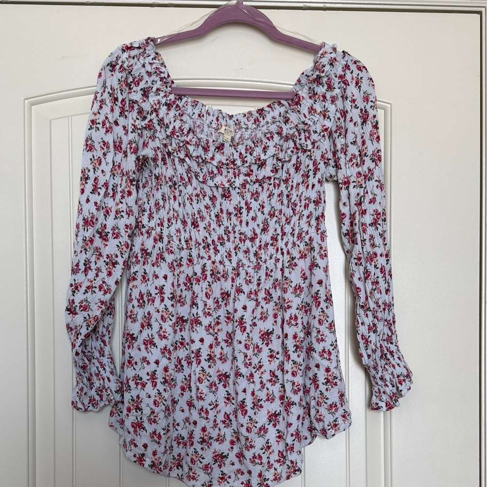 Kori White Floral Smocked Off-Shoulder Empire Blouse with Pink Flowers - Size L